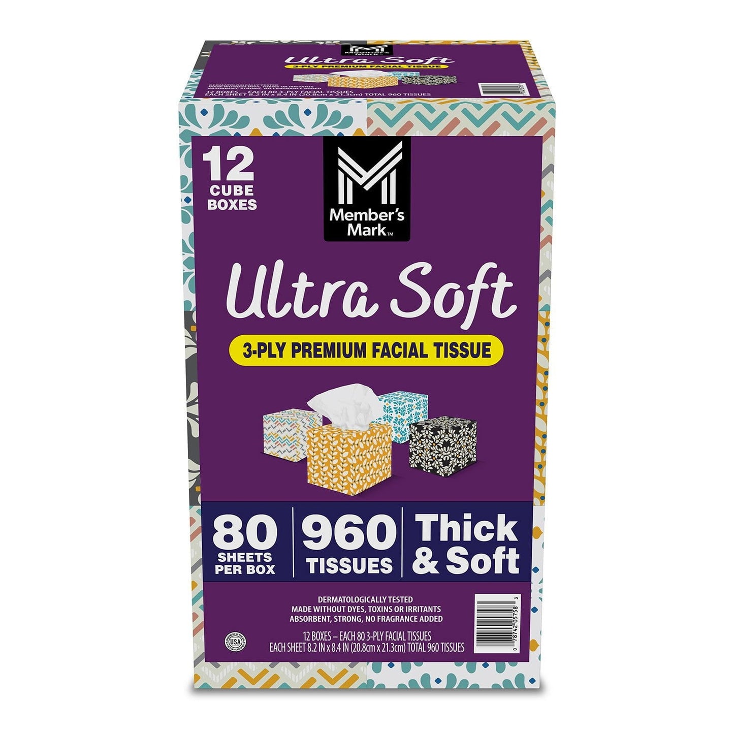 Member's Mark Ultra Soft 3-Ply Facial Tissues, 12 Cube Boxes, 80 tissues/box