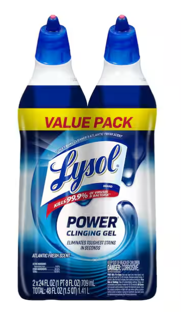 Lysol Power Atlantic Fresh Scent Toilet Bowl Cleaner Gel, for Cleaning and Disinfecting, Stain Removal, 24 oz. (2-Pack)