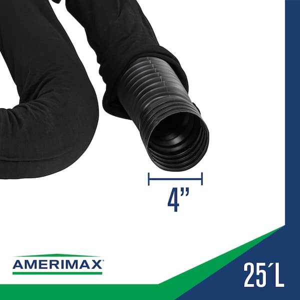 Amerimax FLEX Drain 4" x 25 ft Black Copolymer Perforated Drain Pipe with Sock – Model 51510