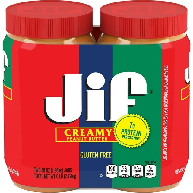 Jif® Creamy Peanut Butter – Smooth Classic Spread, 48 oz Jar, 2 pk.