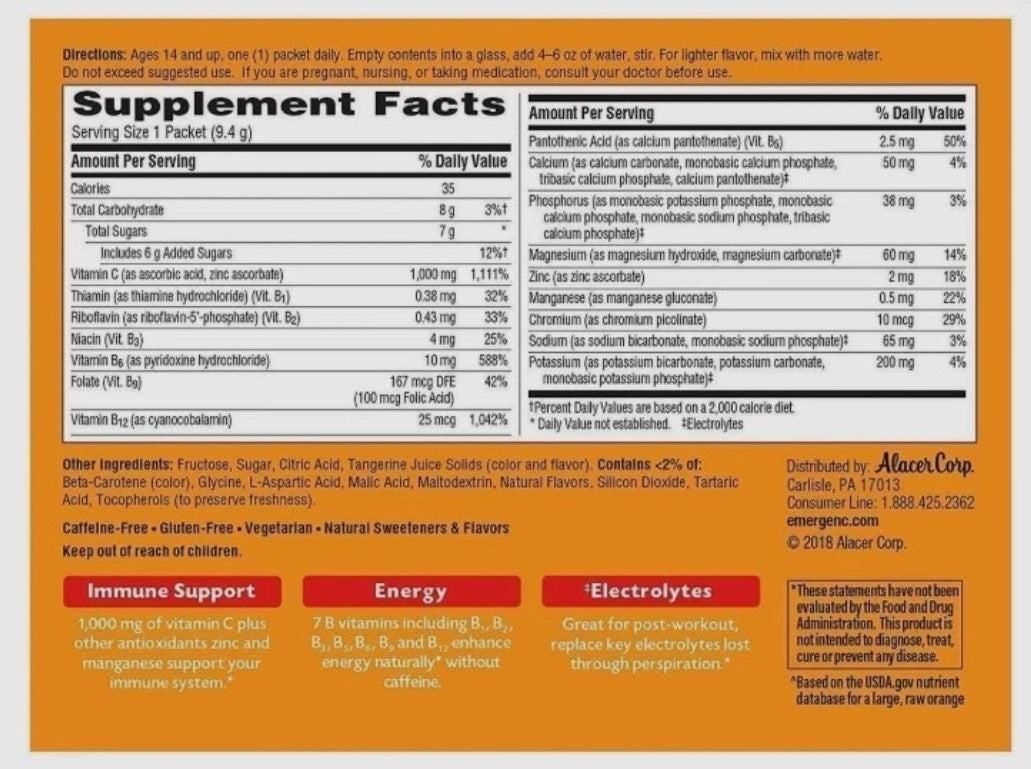 Emergen-C Vitamin C Drink Mix Tangerine 1000mg 30 Ct