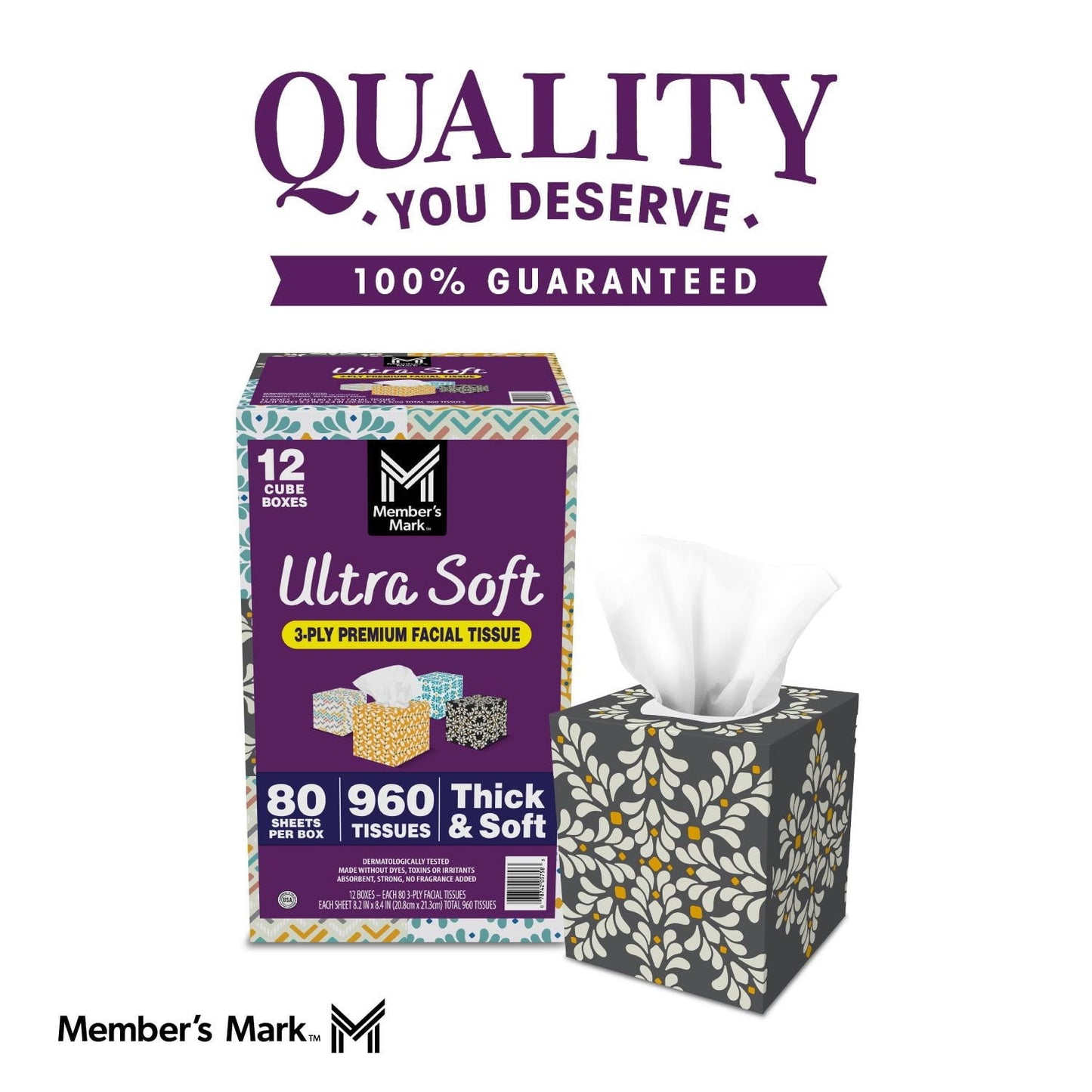 Member's Mark Ultra Soft 3-Ply Facial Tissues, 12 Cube Boxes, 80 tissues/box