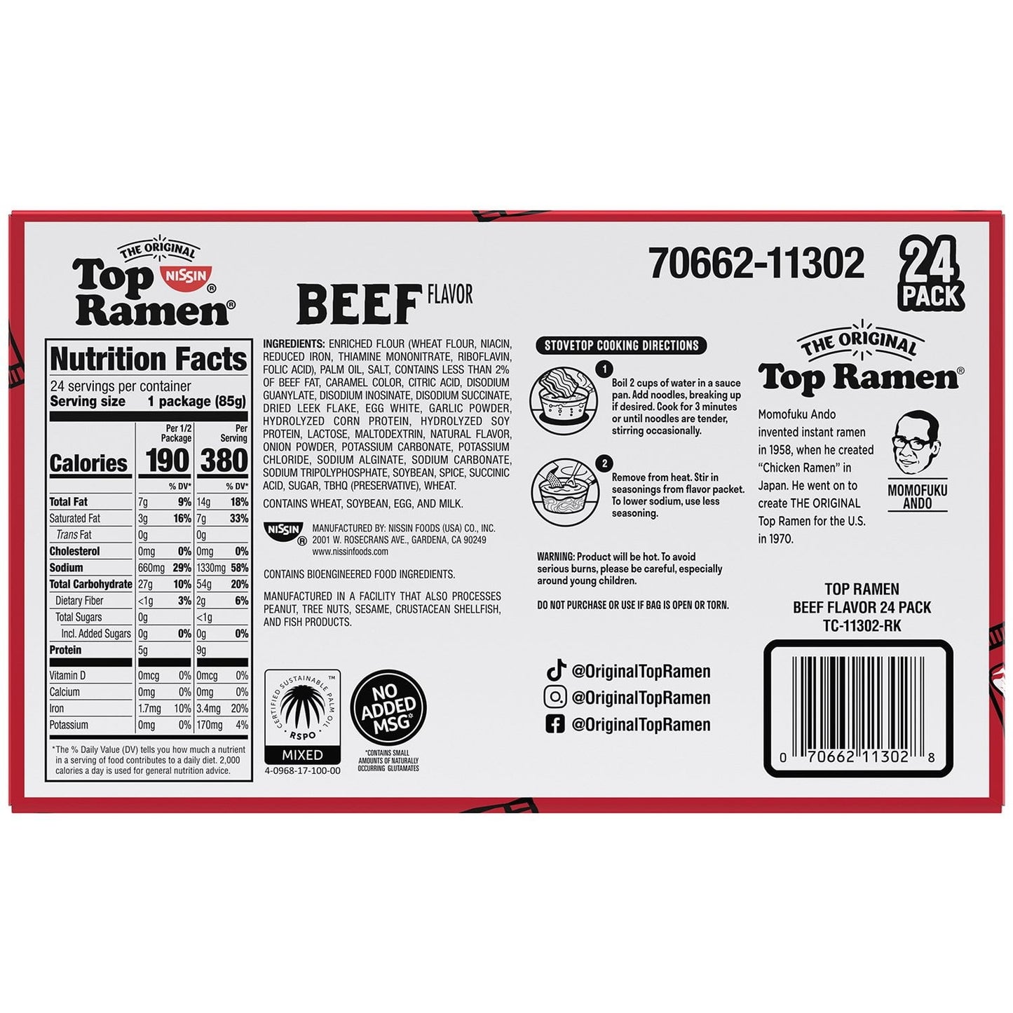 Nissin Top Ramen, Beef, 24 pk.