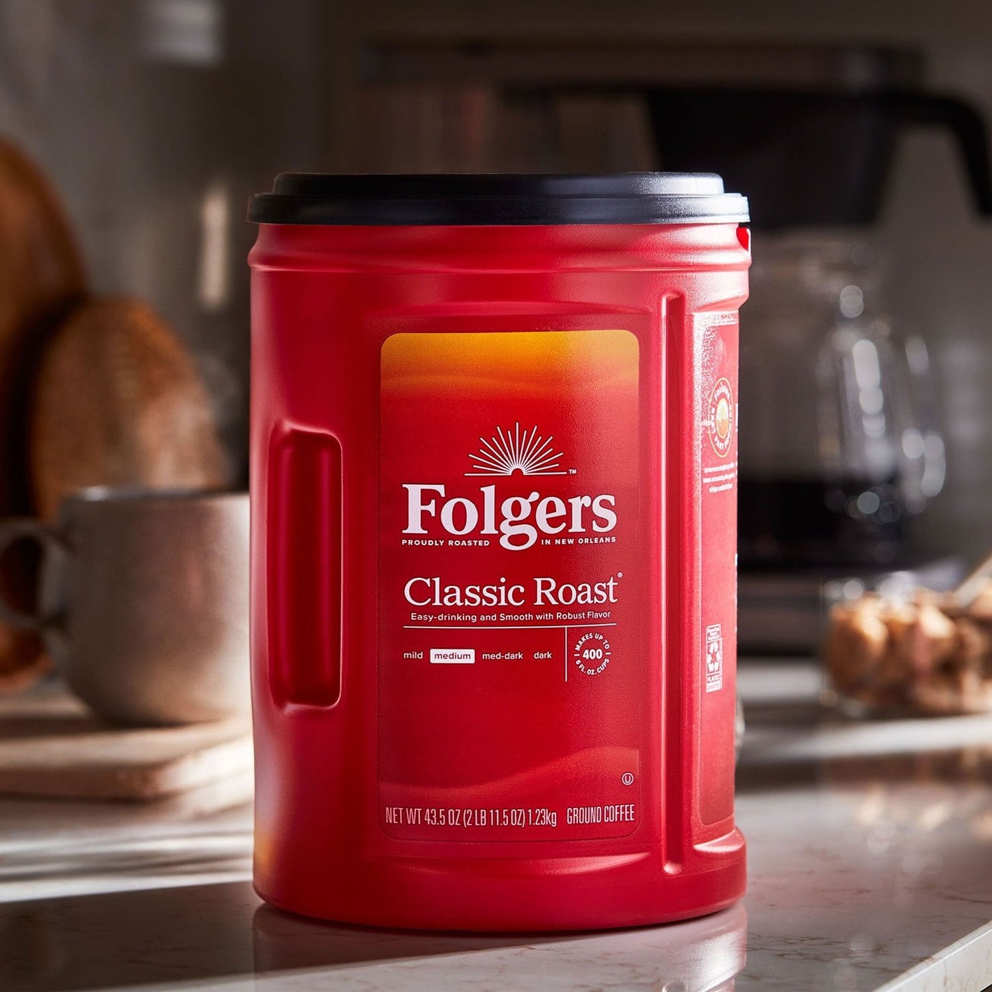 Folgers Classic Roast Ground Coffee, Medium Roast, Rich & Smooth Flavor, 43.5 oz Canister