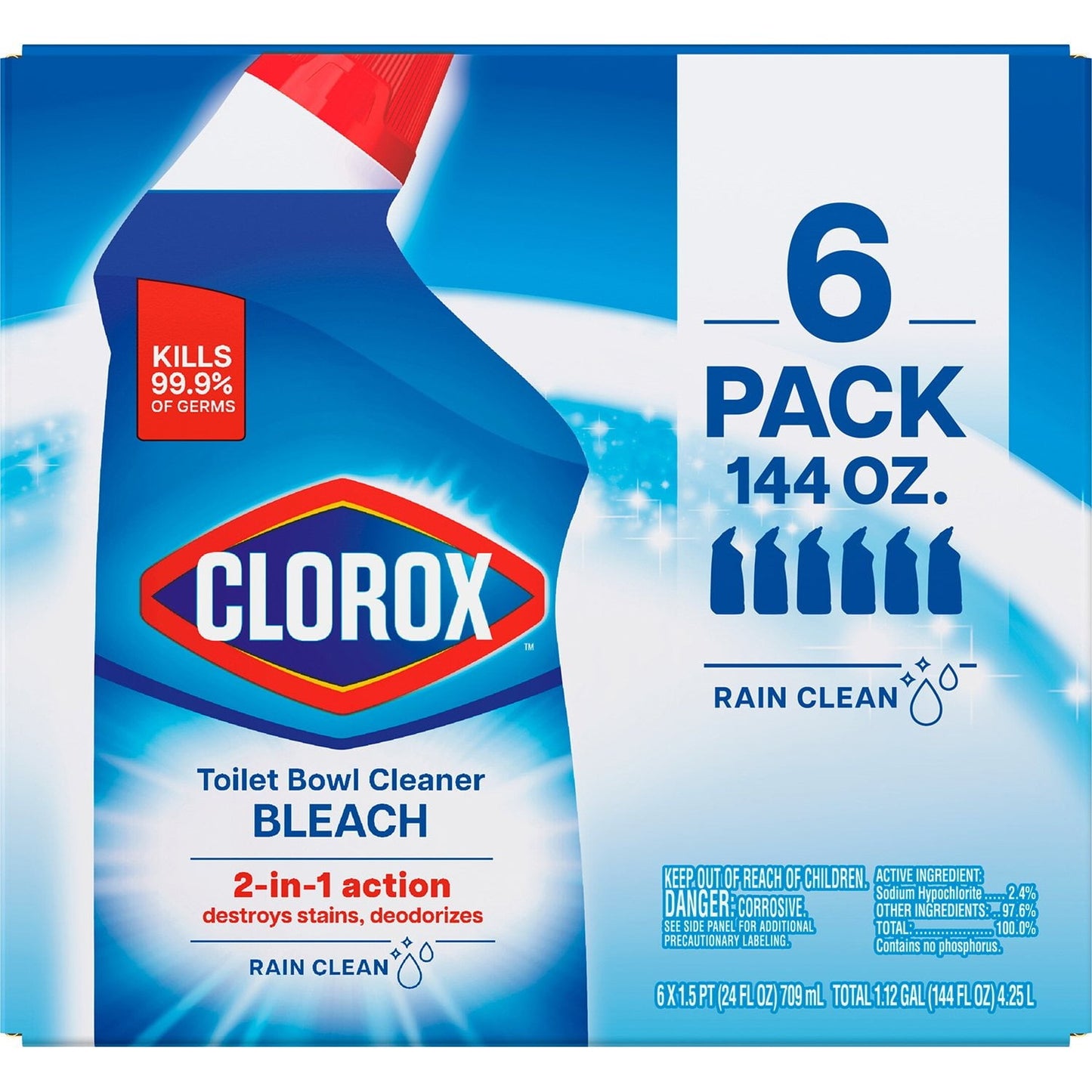 Clorox Toilet Bowl Cleaner with Bleach – Rain Clean, 6-Pack (144 fl oz)