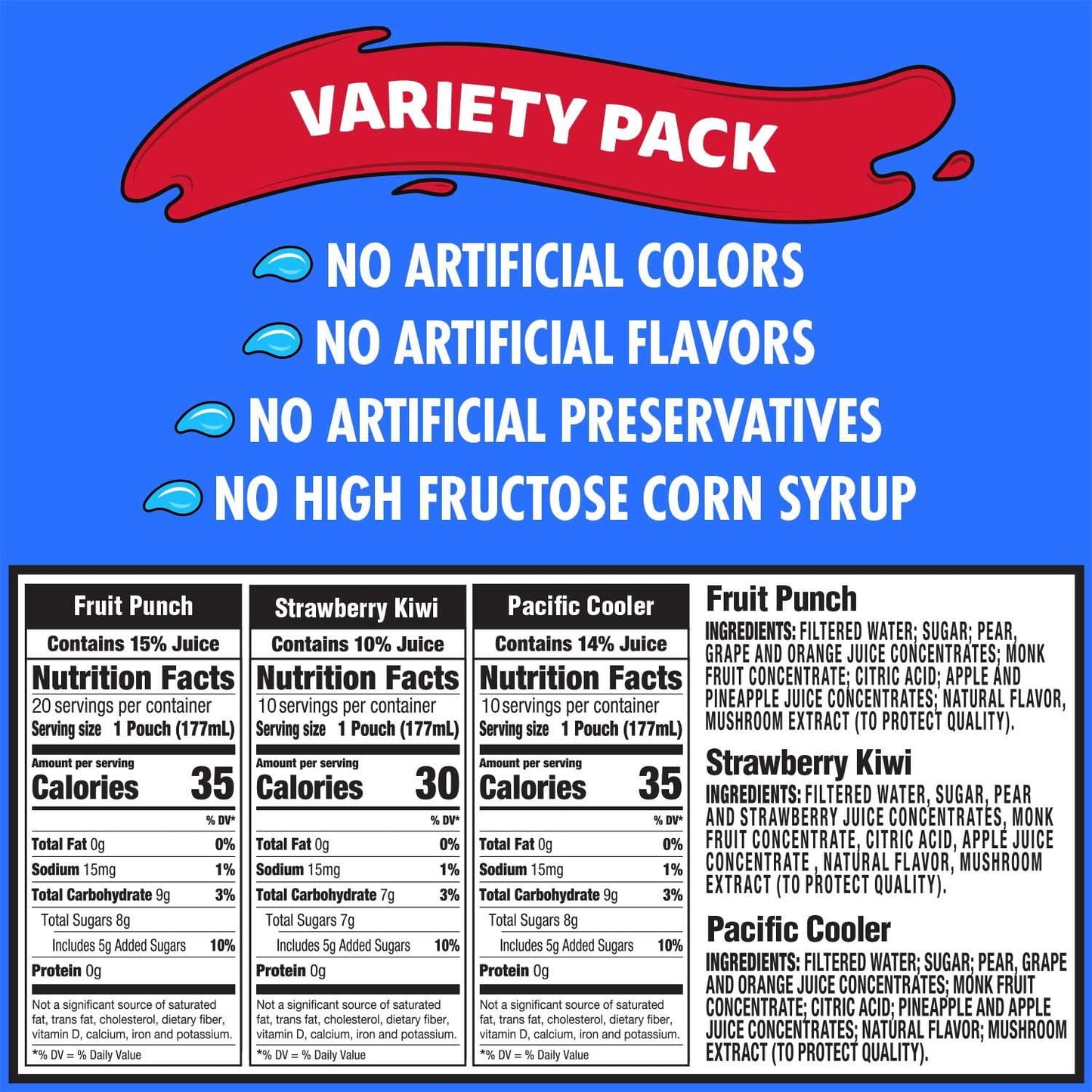 Capri Sun Juice Drink Variety Pack Fruit Punch, Strawberry Kiwi & Pacific Cooler, 6 fl oz Pouches, 40 Count