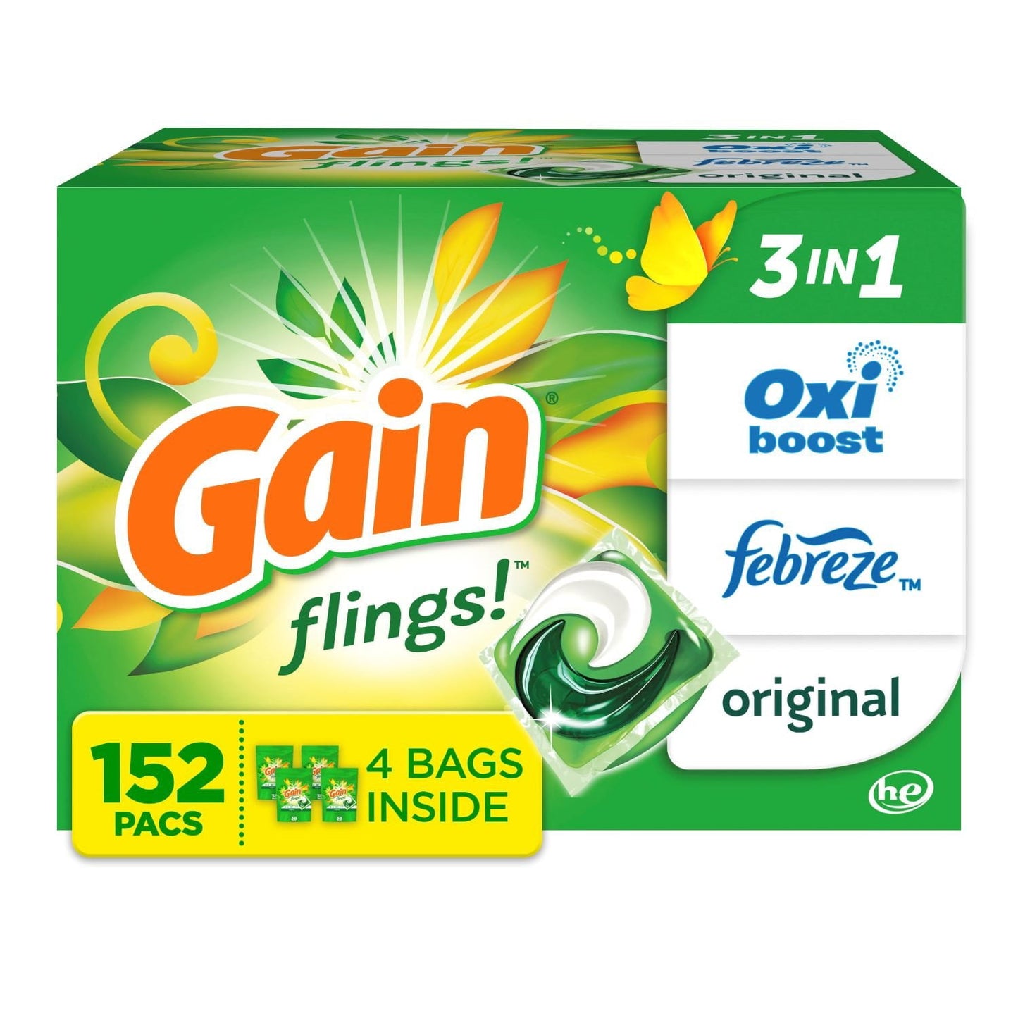 Gain Flings! 3-in-1 Laundry Detergent Pacs – Original Scent (152 Count, 3-in-1 Formula with Oxi Boost & Febreze Freshness)