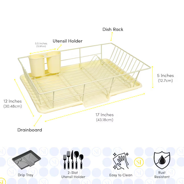 Sweet Home Collection Steel 3 Pc Large Countertop Dish Drainer with Drain Board and Utensil Holder