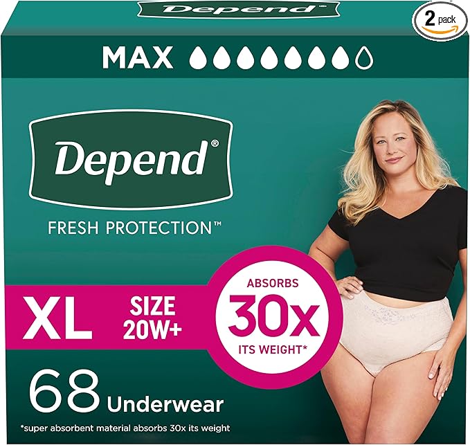 Depend Fresh Protection Adult Diapers, Incontinence & Postpartum Bladder Leak Underwear for Women, Disposable, Maximum, Extra-Large, Blush, 68 Count (2 Packs of 34), Packaging May Vary
