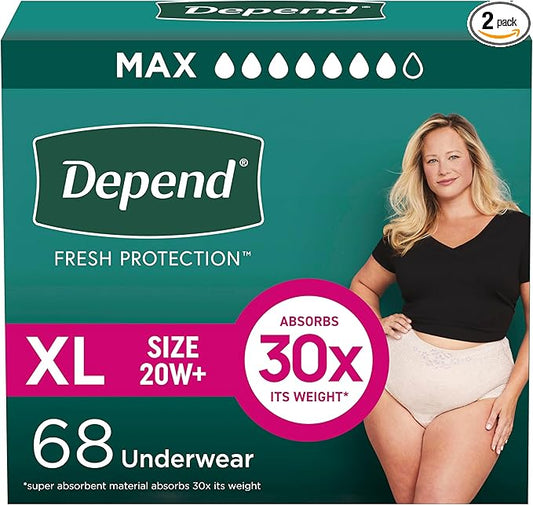 Depend Fresh Protection Adult Diapers, Incontinence & Postpartum Bladder Leak Underwear for Women, Disposable, Maximum, Extra-Large, Blush, 68 Count (2 Packs of 34), Packaging May Vary