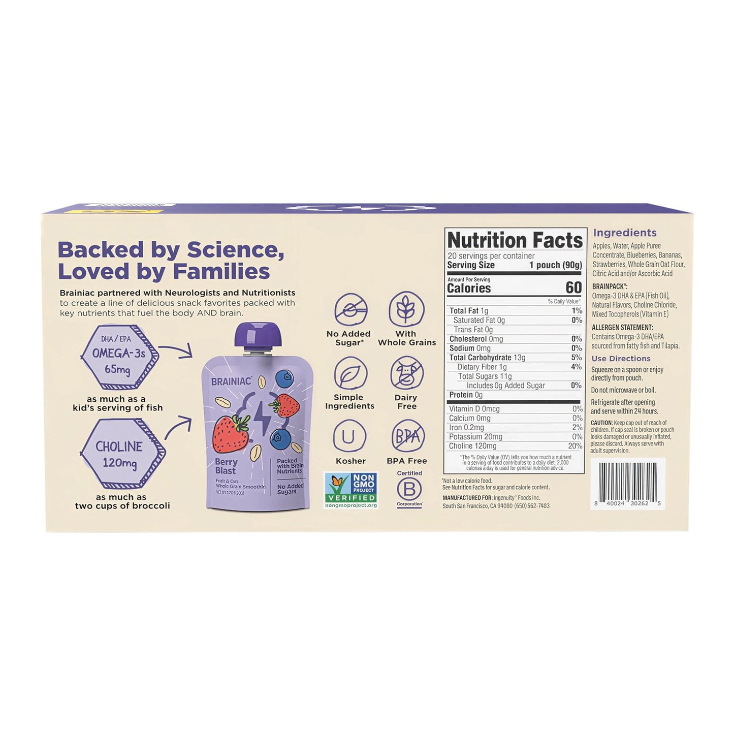 Brainiac Fruit & Oat Smoothie Pouches – 20-Count Pack