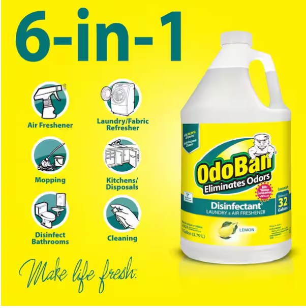 OdoBan 1 Gal. Lemon Disinfectant and Odor Eliminator, Fabric Freshener, Mold Control, Multi-Purpose Cleaner