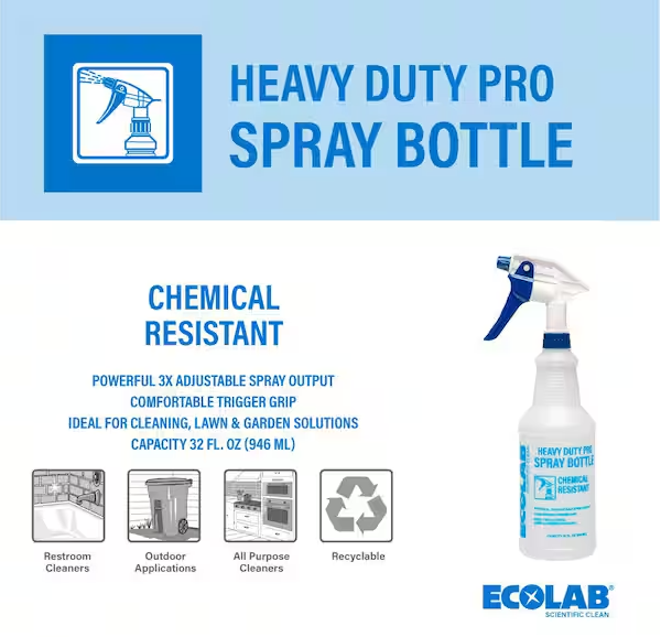 32 oz. Heavy Duty Pro All Purpose Spray Bottle; Refillable Bottle with Adjustable Nozzle