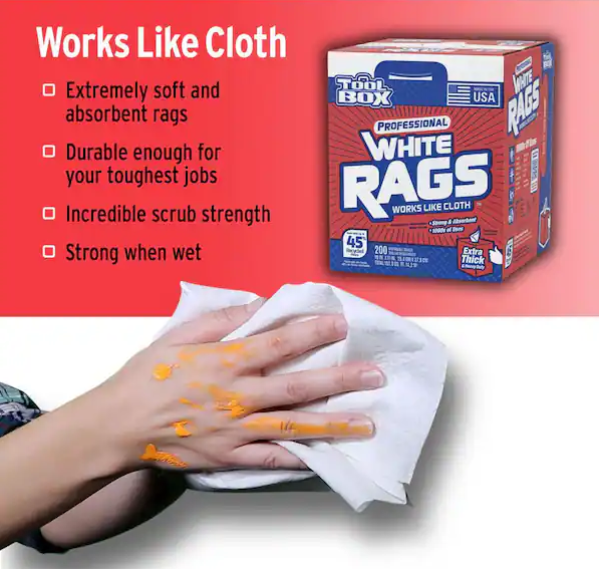 Professional White Rags (200 Sheets; 10 in. W x 11 in. L Sheet Size; Disposable Painter's Rags - Natural Fibers)