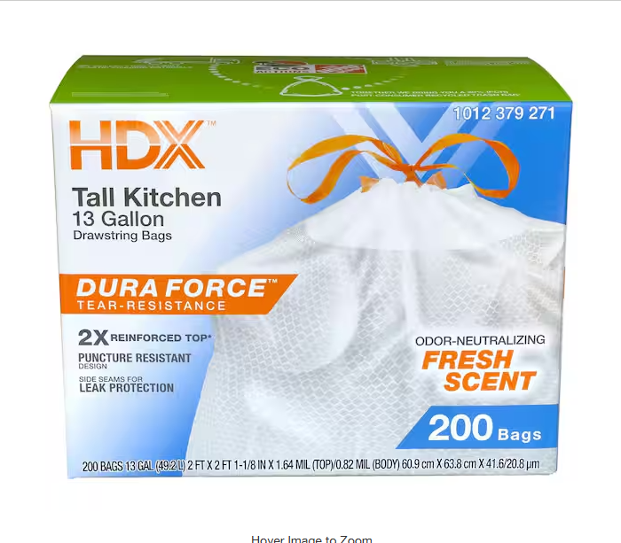 13 Gallon Reinforced Top Drawstring Fresh Scented Tall Kitchen Trash Bags with 20% PCR (200-Count)