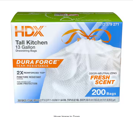 13 Gallon Reinforced Top Drawstring Fresh Scented Tall Kitchen Trash Bags with 20% PCR (200-Count)