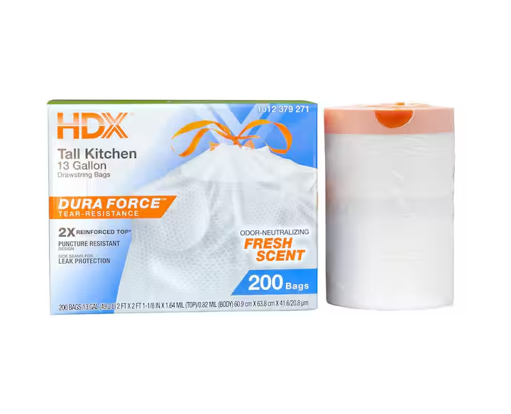 13 Gallon Reinforced Top Drawstring Fresh Scented Tall Kitchen Trash Bags with 20% PCR (200-Count)