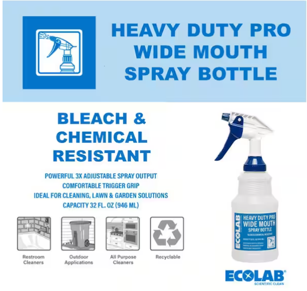 32 oz. Heavy-Duty Pro Wide Mouth Bleach Resistant Spray Bottle