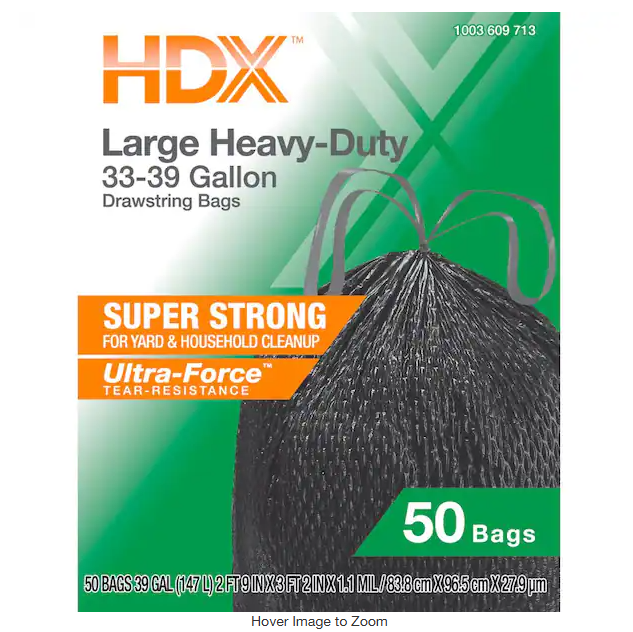 33-39-Gal. Black Heavy Duty Drawstring Trash Bags with 20% PCR (50-Count)