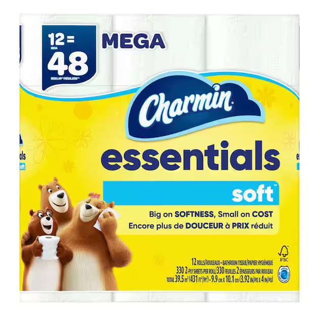 Essentials Soft Toilet Paper Rolls (12 Mega Rolls)