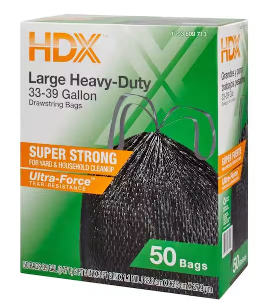 33-39-Gal. Black Heavy Duty Drawstring Trash Bags with 20% PCR (50-Count)