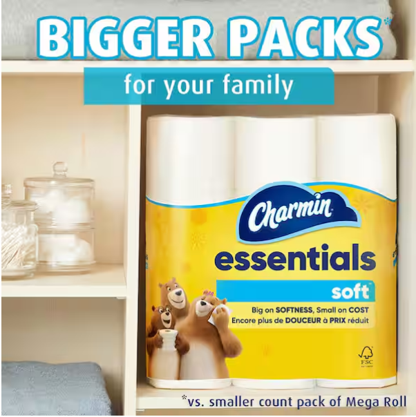 Essentials Soft Toilet Paper Rolls (12 Mega Rolls)