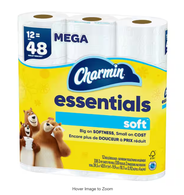 Essentials Soft Toilet Paper Rolls (12 Mega Rolls)