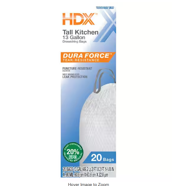 13 Gallon Flex Drawstring Unscented Tall Kitchen Trash Bags with 20% Post-Consumer Recycled Materials (20-Count)