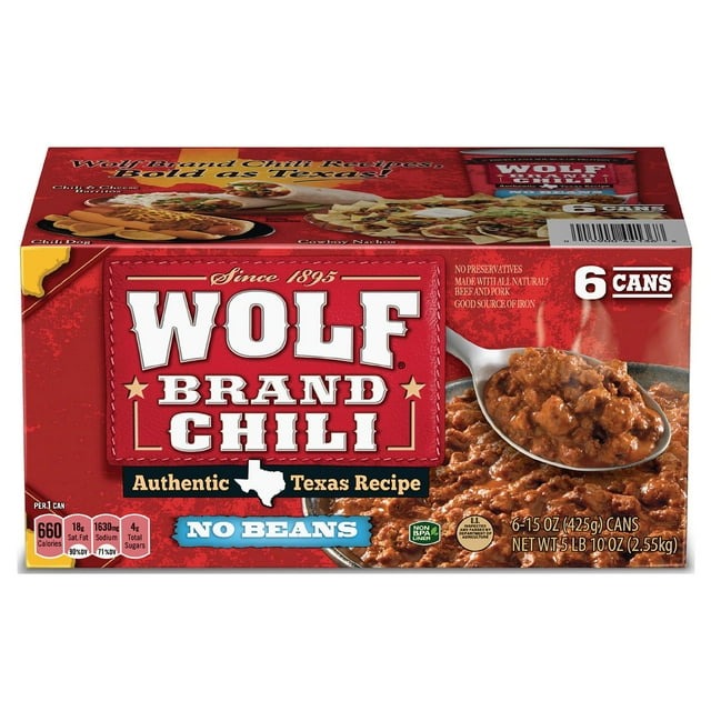 Wolf Brand Chili – No Beans, 15 oz (6-Pack)