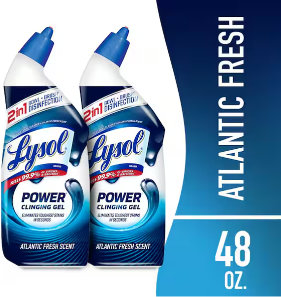 Lysol Power Atlantic Fresh Scent Toilet Bowl Cleaner Gel, for Cleaning and Disinfecting, Stain Removal, 24 oz. (2-Pack)