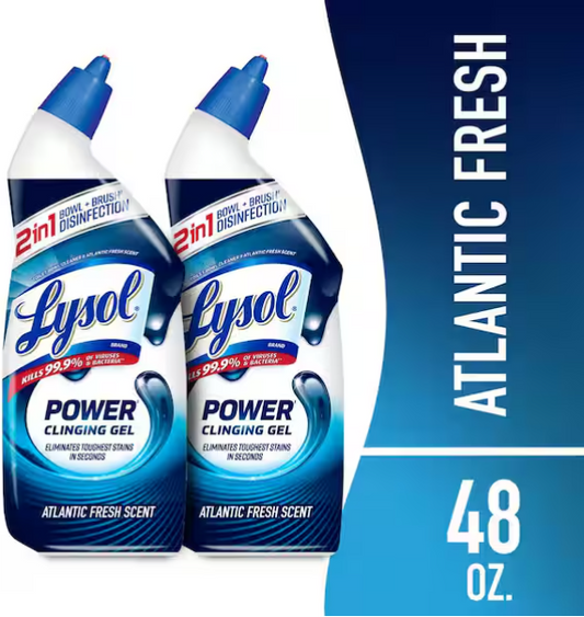Lysol Power Atlantic Fresh Scent Toilet Bowl Cleaner Gel, for Cleaning and Disinfecting, Stain Removal, 24 oz. (2-Pack)