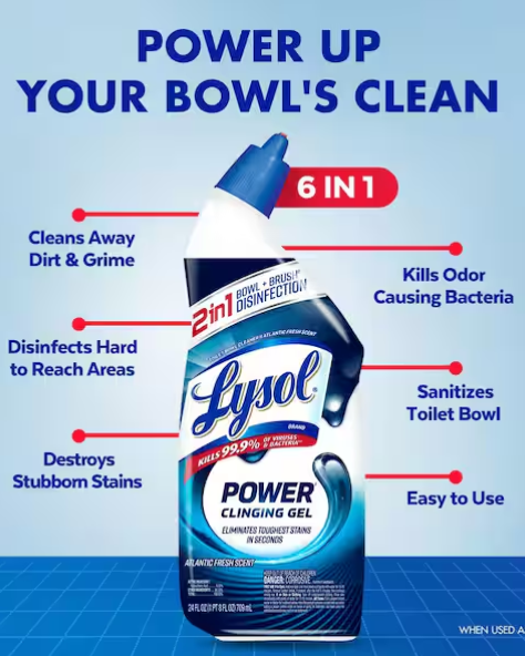 Lysol Power Atlantic Fresh Scent Toilet Bowl Cleaner Gel, for Cleaning and Disinfecting, Stain Removal, 24 oz. (2-Pack)