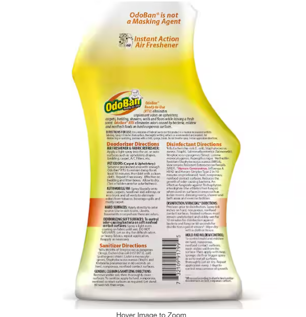 32 oz. Citrus Multi-Purpose Disinfectant Spray, Odor Eliminator, Sanitizer, Fabric Freshener, Mold Control