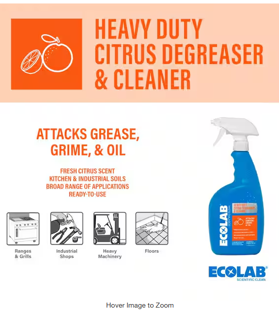 ECOLAB 32 oz. Heavy Duty Citrus Degreaser Concentrate Cleaner, Attacks Grease and Grime