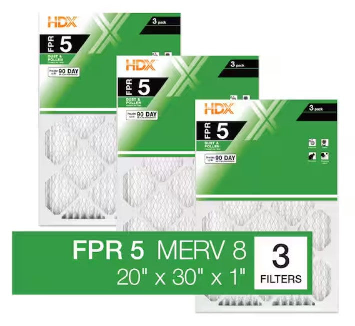 HDX 20 in. x 30 in. x 1 in. Standard Pleated Furnace Air Filter FPR 5 MERV 8 (3-Pack)