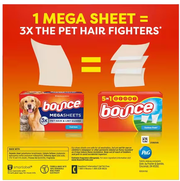 Laundry Dryer Sheets Pet Hair & Lint Guard 130 Count Mega Fresh Scent