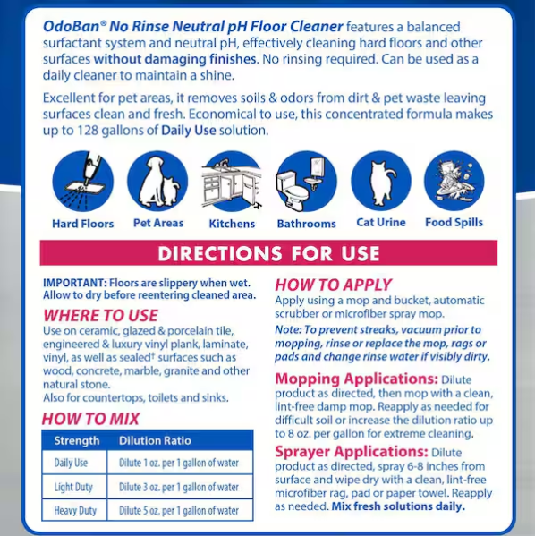 OdoBan 1 Gal. No Rinse Neutral pH Floor Cleaner, Concentrated Hardwood and Laminate Floor Cleaner, Streak Free