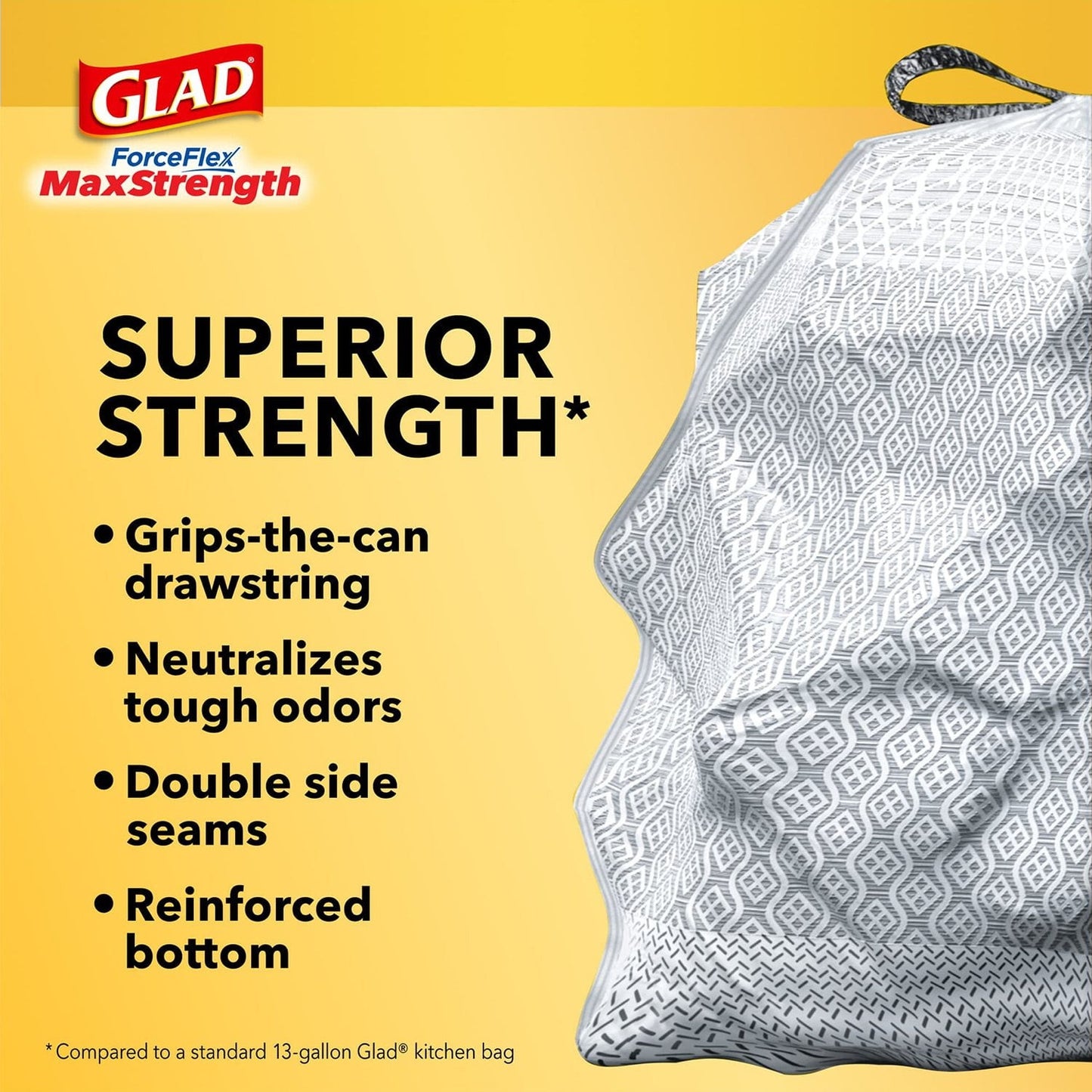 Glad ForceFlex MaxStrength with Clorox Tall Kitchen Drawstring Trash Bags, Lemon Fresh Scent, 13 Gallon, 120 ct.