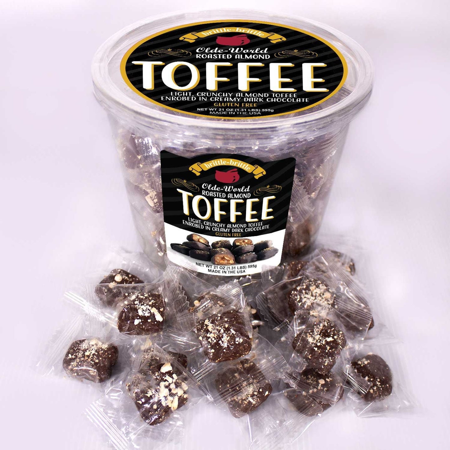 brittle-brittle Roasted Almond Toffee Enrobed in Dark Chocolate, 21 oz.