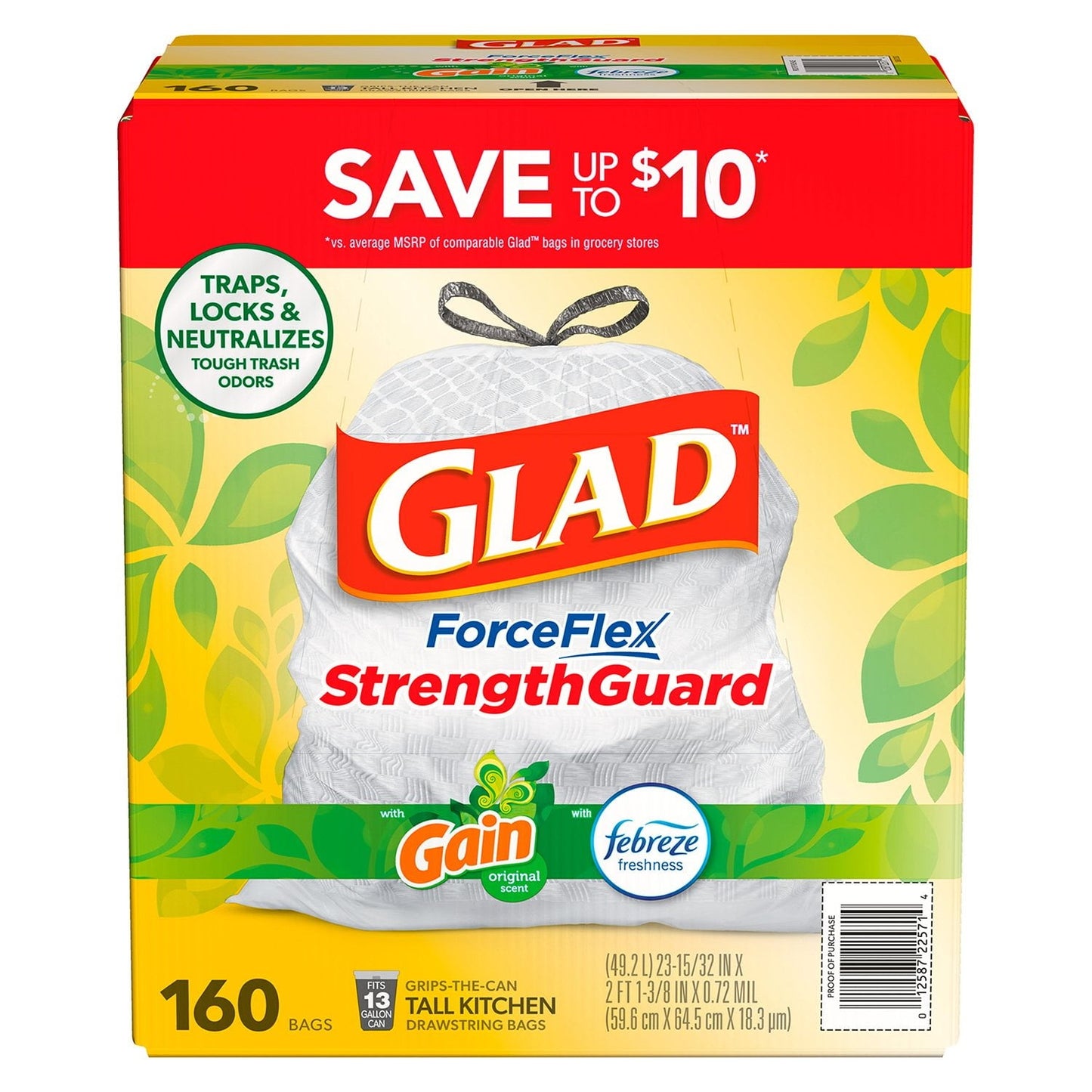 Glad ForceFlex Tall Kitchen Drawstring Trash Bags – 13 Gallon, Gain Original Scent, 160-Count