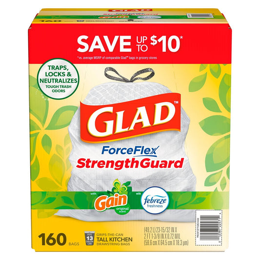 Glad ForceFlex Tall Kitchen Drawstring Trash Bags – 13 Gallon, Gain Original Scent, 160-Count