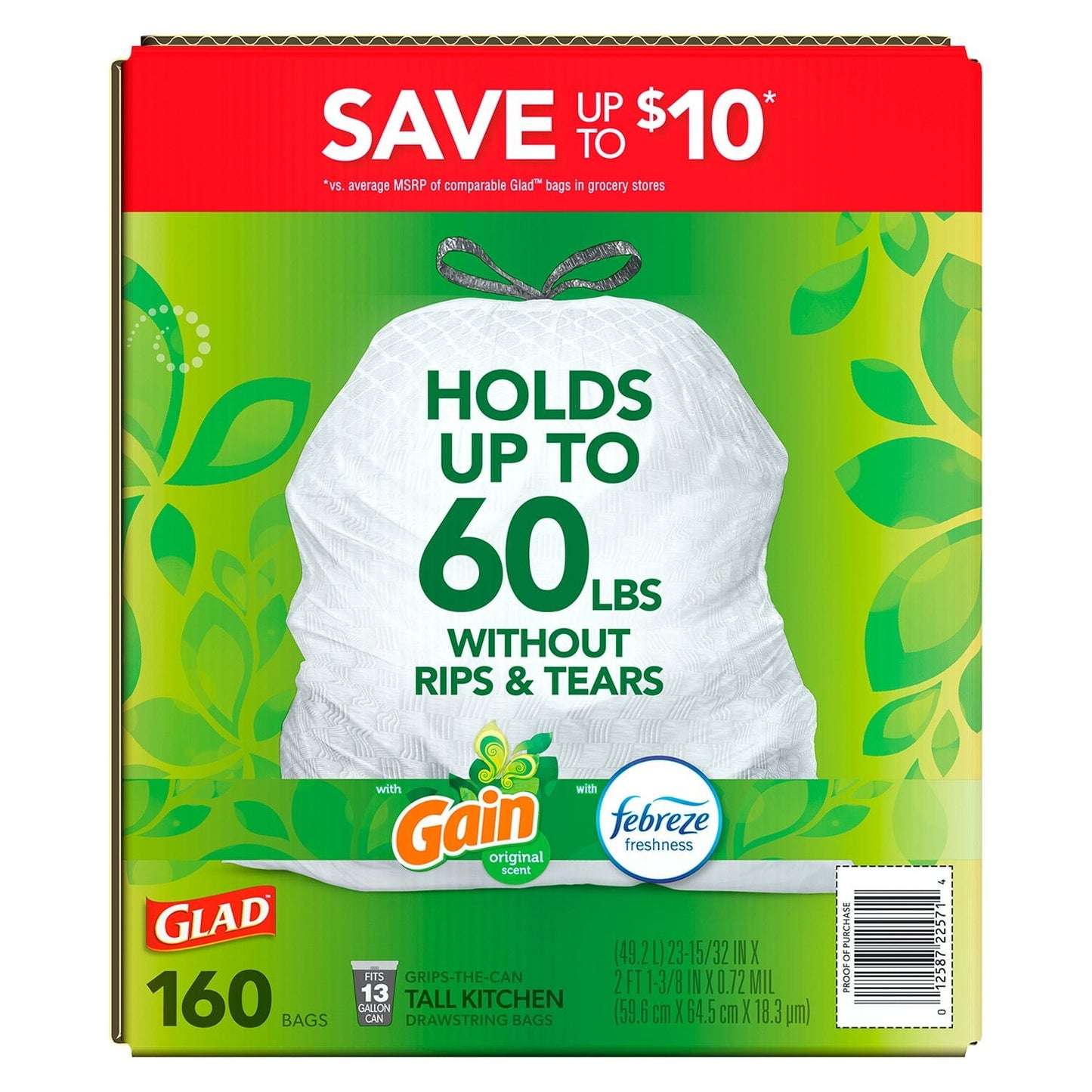 Glad ForceFlex Tall Kitchen Drawstring Trash Bags – 13 Gallon, Gain Original Scent, 160-Count