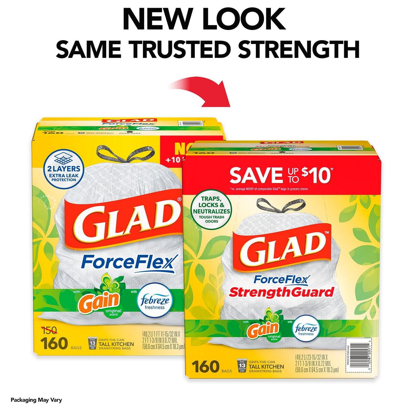 Glad ForceFlex Tall Kitchen Drawstring Trash Bags – 13 Gallon, Gain Original Scent, 160-Count