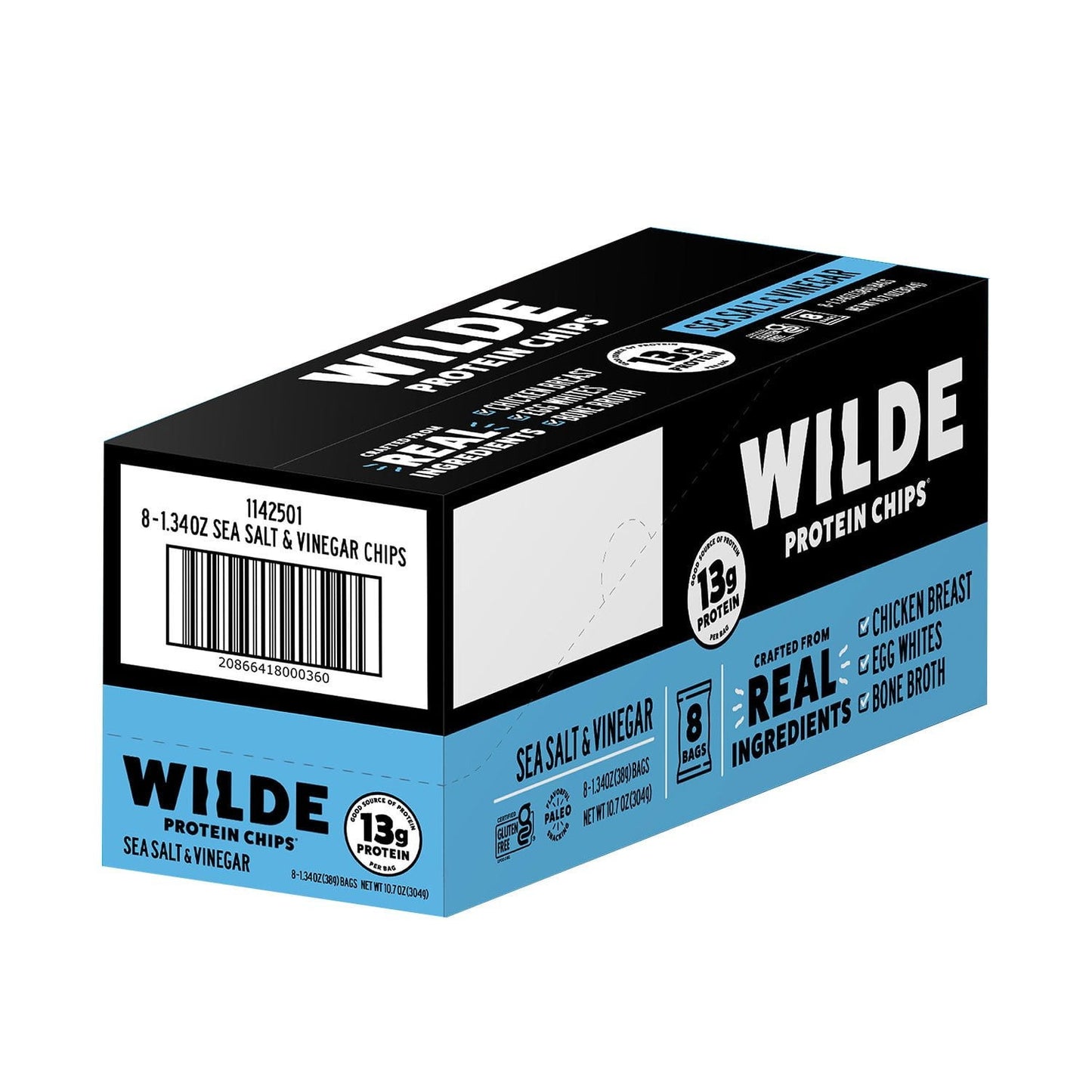 WILDE Sea Salt & Vinegar Protein Chips – 13 g Protein per Bag, 8-Pack