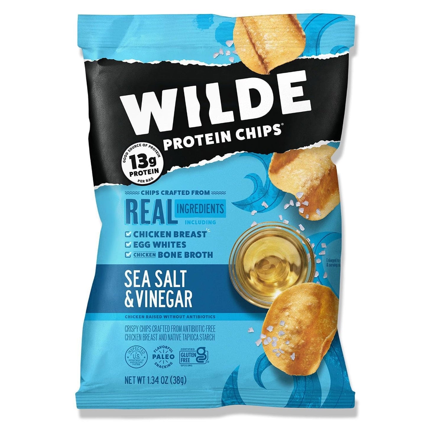 WILDE Sea Salt & Vinegar Protein Chips – 13 g Protein per Bag, 8-Pack