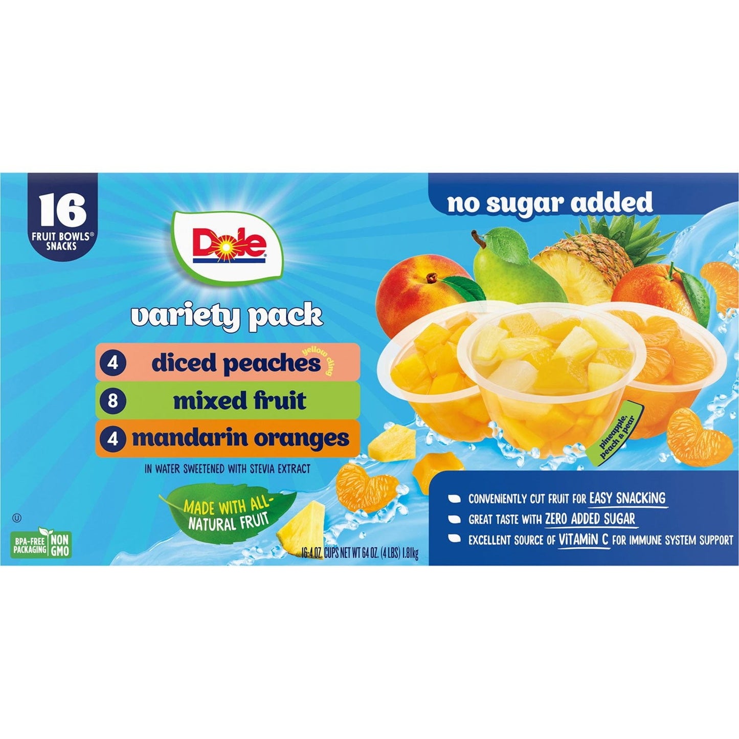 Dole No Sugar Added Mixed Fruit Variety Pack (4 oz × 16 ct)