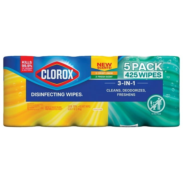 Clorox Disinfecting Cleaning Wipes – Variety Pack, 5 Canisters (425 Wipes Total)
