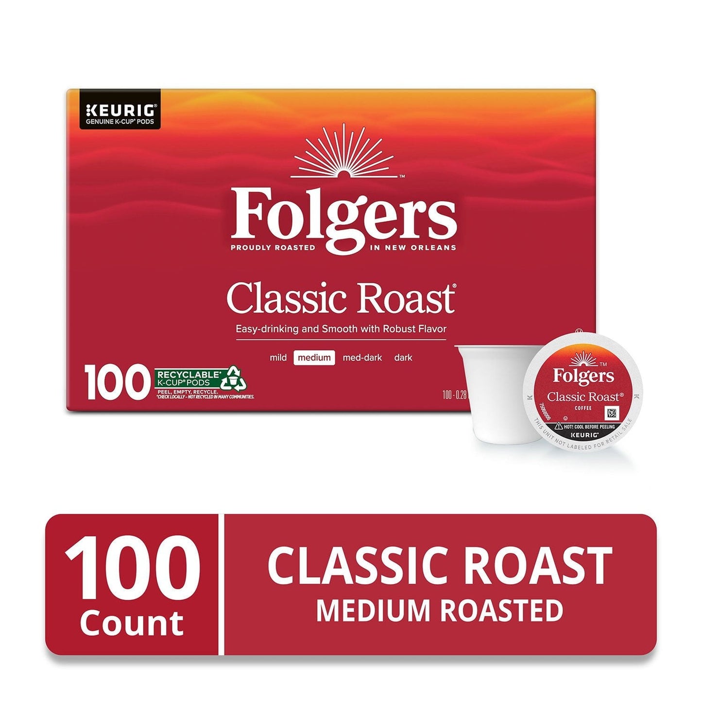Folgers Classic Roast Coffee K-Cups – Medium Roast, 100 Count