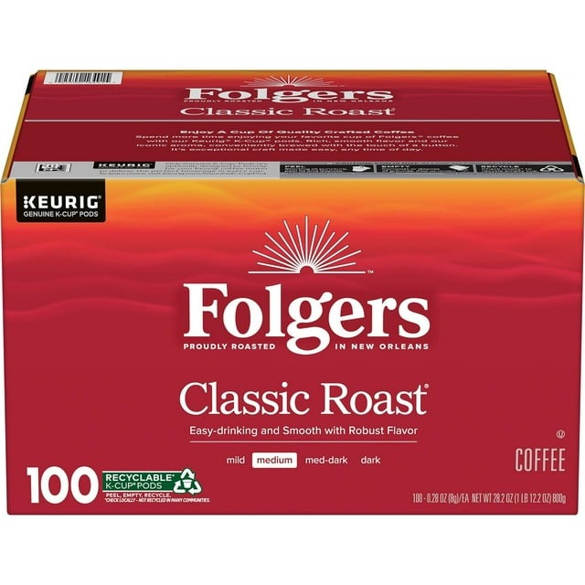 Folgers Classic Roast Coffee K-Cups – Medium Roast, 100-Count Box