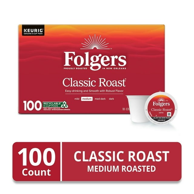 Folgers Classic Roast Coffee K-Cups – Medium Roast, 100-Count Box